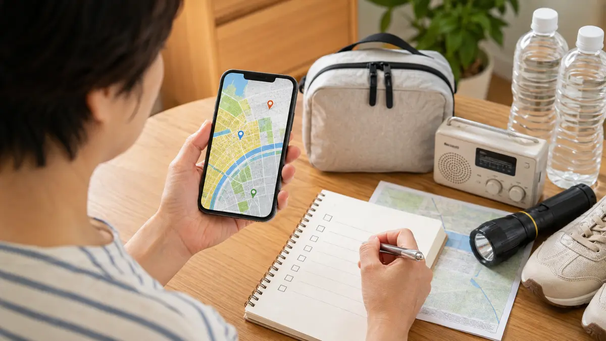 福岡市ハザードマップの使い方と避難準備 スマートフォンで福岡市ハザードマップを確認し避難準備を進める様子