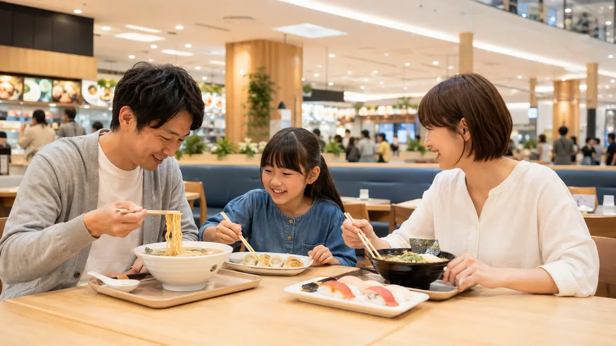 ももキチのフードコートで家族連れがラーメンや寿司を楽しんでいる様子