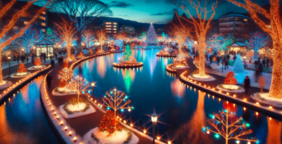 福岡の大濠公園で輝く冬のイルミネーションと湖に映る光