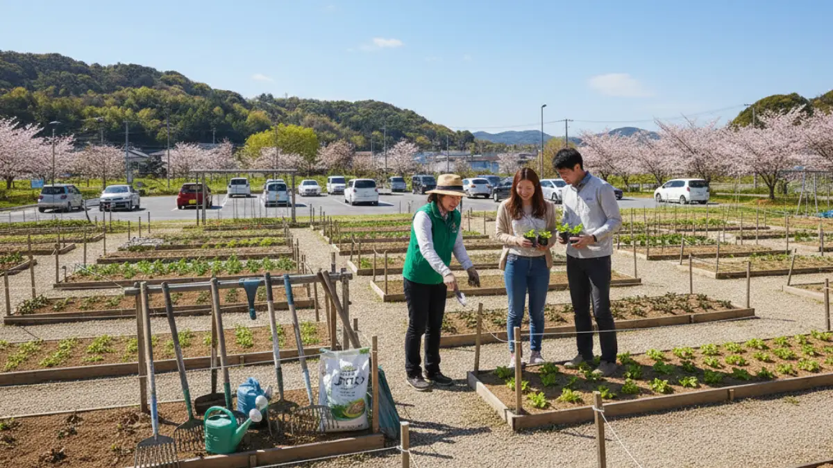 福岡のサポート付き貸し農園で初心者が道具を使って作業する様子