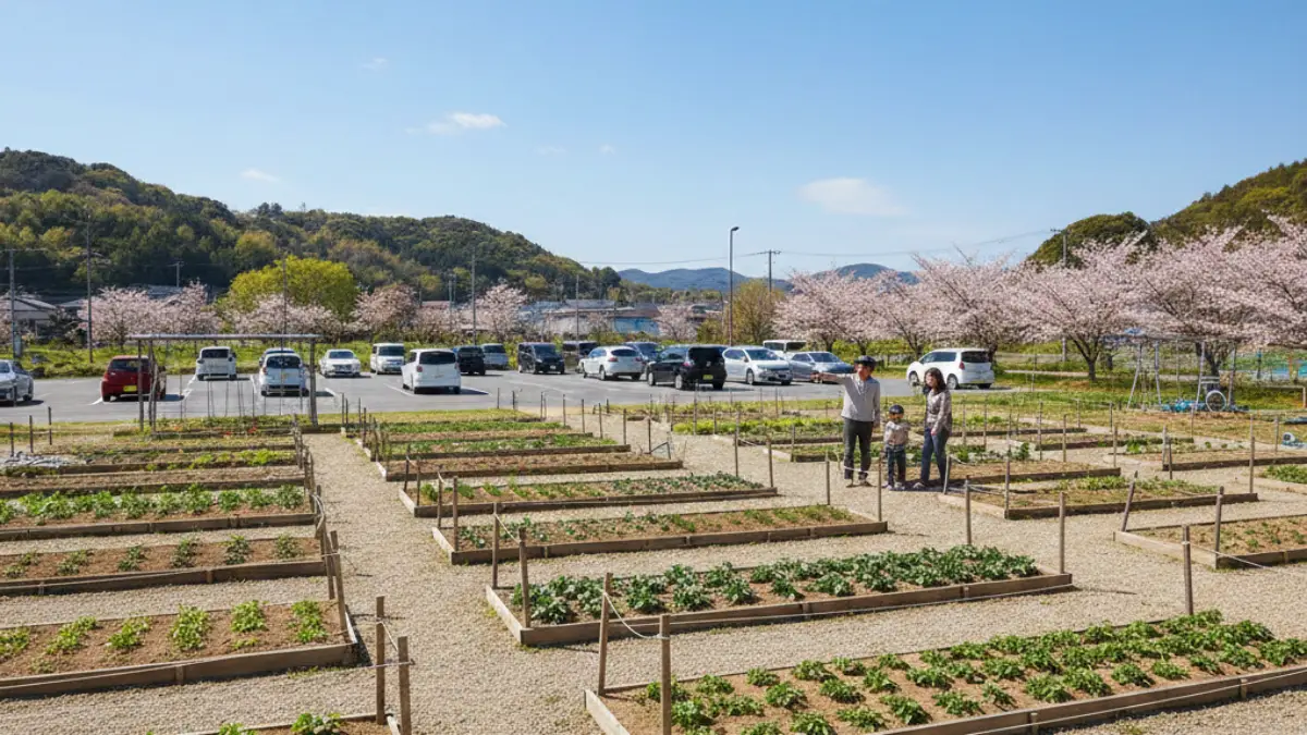 福岡市周辺の市民農園の区画が整備されて並ぶ様子