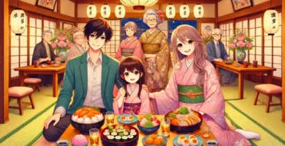 福岡の料亭で桃の節句を祝う家族のアニメ風イラスト。20代夫婦と子供、祖父母が会食を楽しんでいる様子。