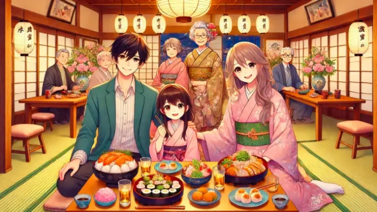 福岡の料亭で桃の節句を祝う家族のアニメ風イラスト。20代夫婦と子供、祖父母が会食を楽しんでいる様子。