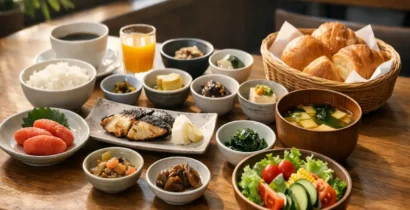 福岡で朝食が美味いと口コミで評判のホテルの和朝食。明太子や和食が並ぶ朝食イメージ