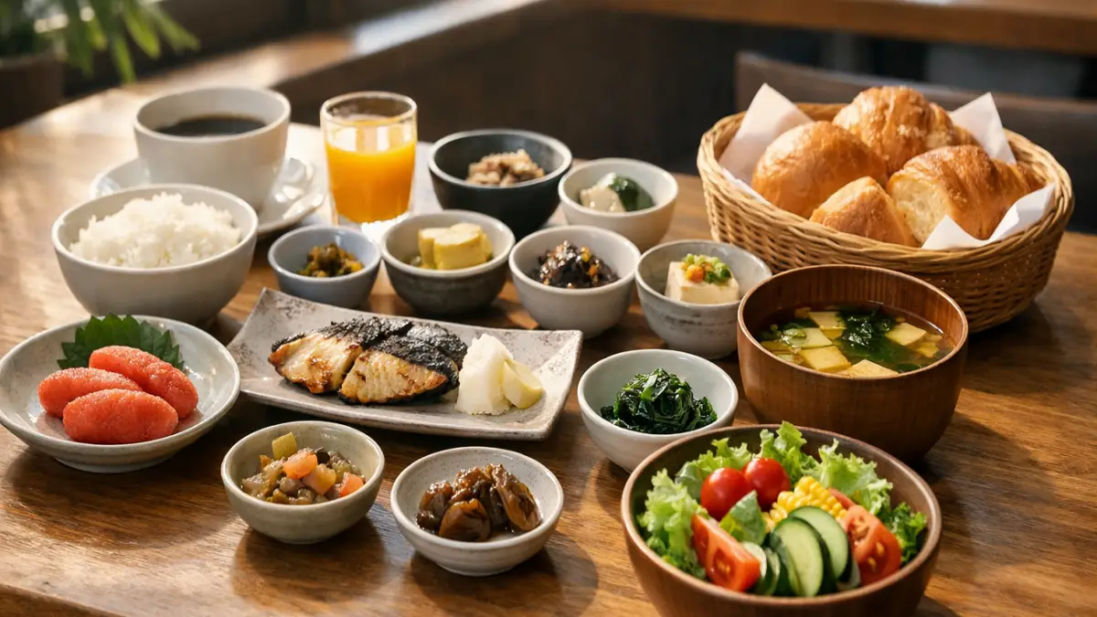 福岡朝食が美味いホテルの朝食イメージ 福岡で朝食が美味いと口コミで評判のホテル朝食イメージ。明太子や和食のおかずが並ぶ朝ごはん