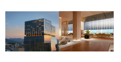 ザ・リッツ・カールトン福岡の高層建築の外観と、和風モダンなロビー内装。