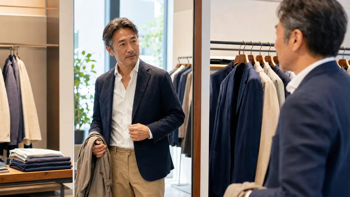 福岡・天神のメンズ服店でジャケットを試着する50代男性