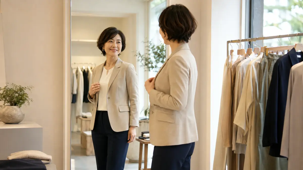 福岡の洋服店でジャケットのサイズ感を確認する50代女性