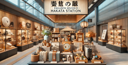 「博多駅限定のお土産をイメージした画像。福岡の伝統工芸品やおしゃれな雑貨が並ぶディスプレイ。」
