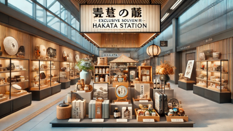 「博多駅限定のお土産をイメージした画像。福岡の伝統工芸品やおしゃれな雑貨が並ぶディスプレイ。」