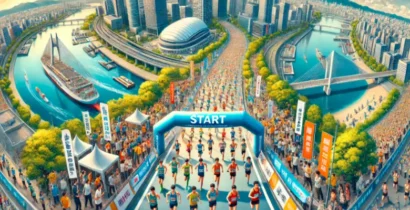 「福岡国際マラソン2024のイメージ画像。平和台陸上競技場をスタート地点とするランナーと応援する観客、福岡市の景観が描かれた横長のイラスト。」