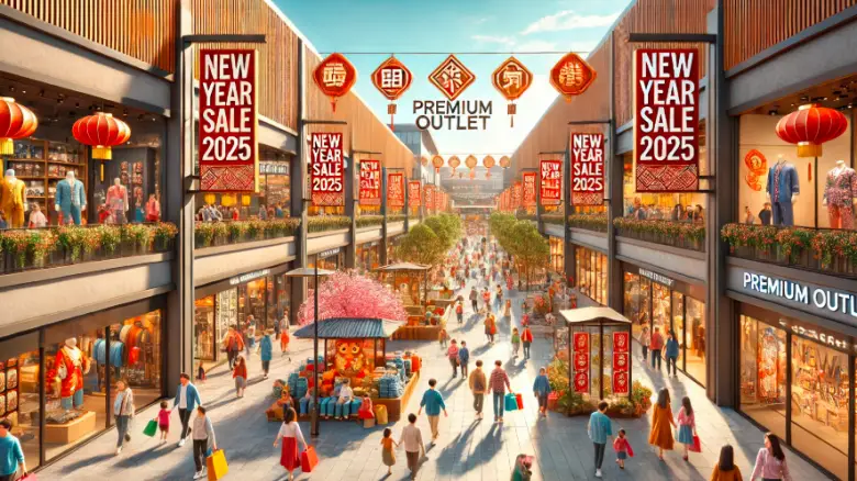 プレミアム・アウトレットで開催される初売りセールの様子。多くの買い物客が福袋を手にし、店舗には「SALE」の文字が並ぶ。賑わいと新年の装飾が印象的な光景。