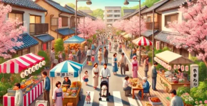 梅光園さくらまつり2025のイメージイラスト。桜並木と屋台が並ぶ春の祭り風景。