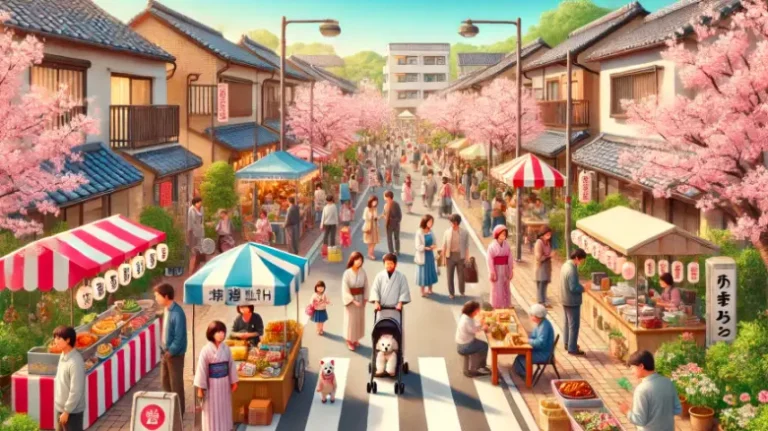 梅光園さくらまつり2025のイメージイラスト。桜並木と屋台が並ぶ春の祭り風景。