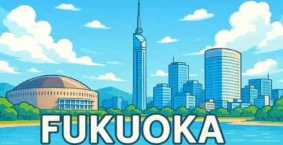 福岡タワー、福岡ドーム、都市ビル群が描かれたアニメ風の福岡のイラスト。爽やかな空と水辺が印象的なメインビジュアル画像"