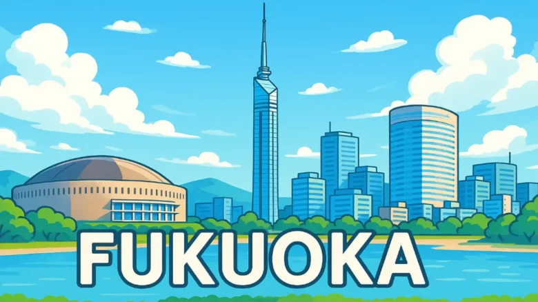 福岡タワー、福岡ドーム、都市ビル群が描かれたアニメ風の福岡のイラスト。爽やかな空と水辺が印象的なメインビジュアル画像"