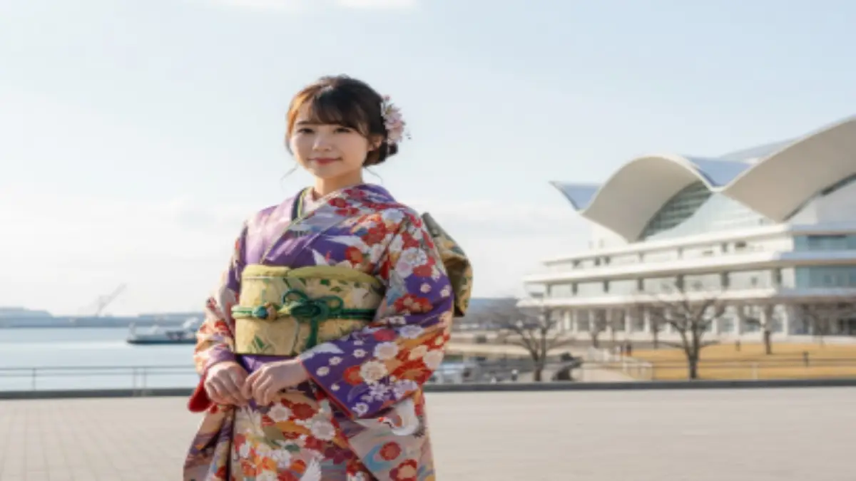 福岡2026年成人式|マリンメッセと冬の振袖新成人 福岡2026年成人式でマリンメッセ福岡前に振袖姿の新成人が冬空の下で立つ様子