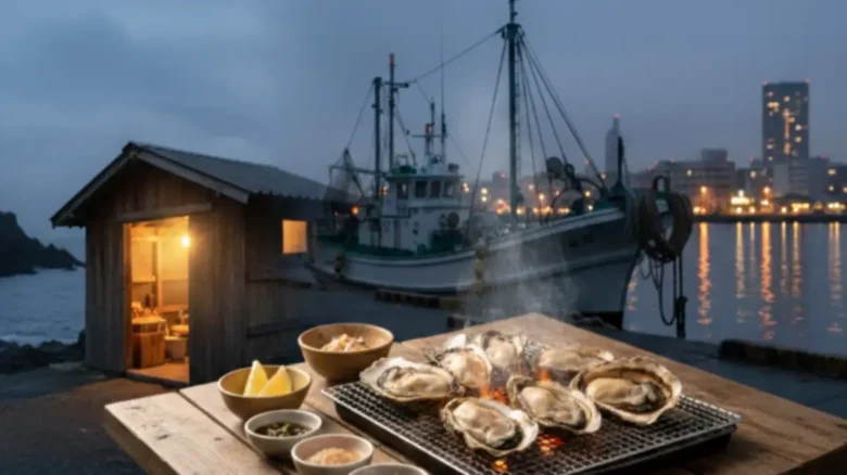 福岡牡蠣 小屋糸島以外を楽しむエリア別ガイド 福岡の牡蠣小屋エリアを一望できるイメージ。糸島だけでなく北九州や宗像、博多ベイサイドなど福岡各地の牡蠣小屋巡りの雰囲気が伝わる冬の海辺シーン。