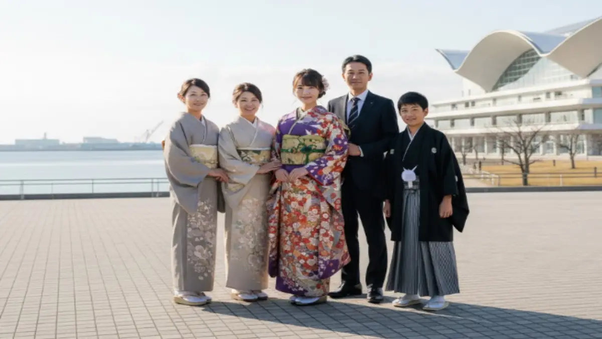 福岡2026年成人式|家族で祝うマリンメッセ前の記念撮影 2026年福岡市成人式でマリンメッセ福岡前にて家族と記念撮影をする振袖姿の新成人