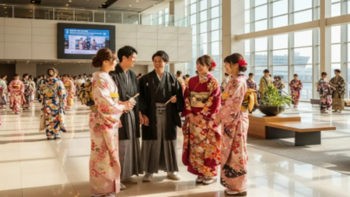 福岡2026年成人式|友人と再会するマリンメッセ福岡ロビーの様子 2026年福岡市成人式でマリンメッセ福岡ロビーに集まる振袖や袴姿の新成人たち