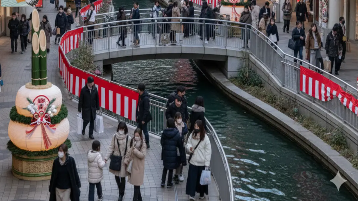 正月のキャナルシティ博多のにぎわい 正月のキャナルシティ博多に集まる多くの買い物客