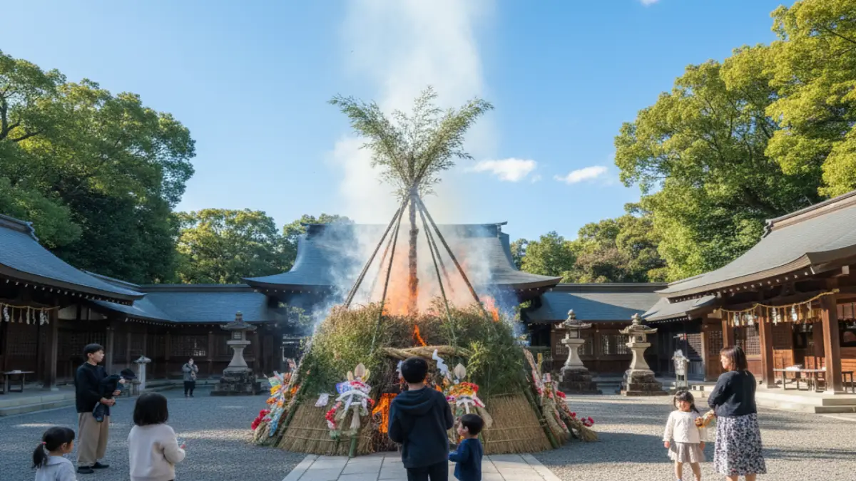 福岡の神社で昼間に行われるどんど焼きを家族連れが見守る様子