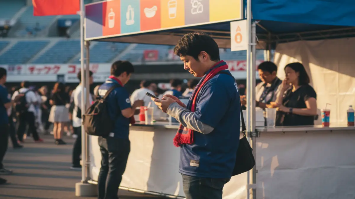 福岡のスタジアムでモバイルオーダーを利用する観客のイメージ