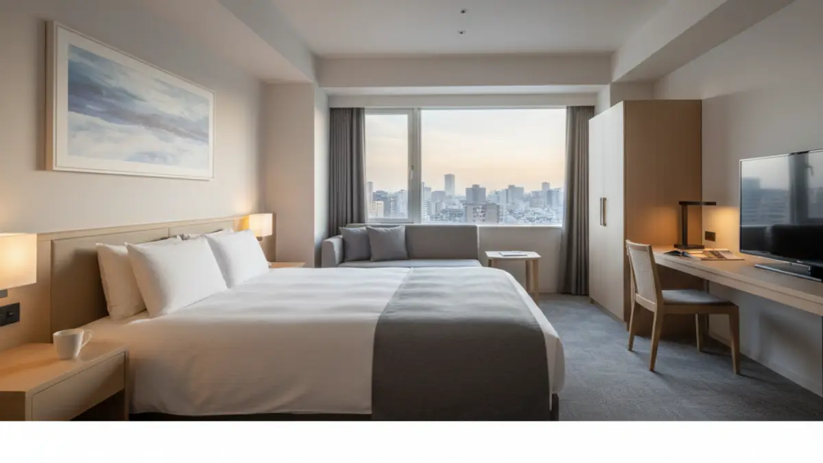 福岡のホテルで快適に過ごす宿泊イメージ。清潔感のある客室と落ち着いた雰囲気