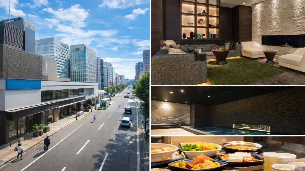 博多駅近くの博多 ホテル アクティブの立地と館内設備イメージ（ロビー・大浴場・朝食）