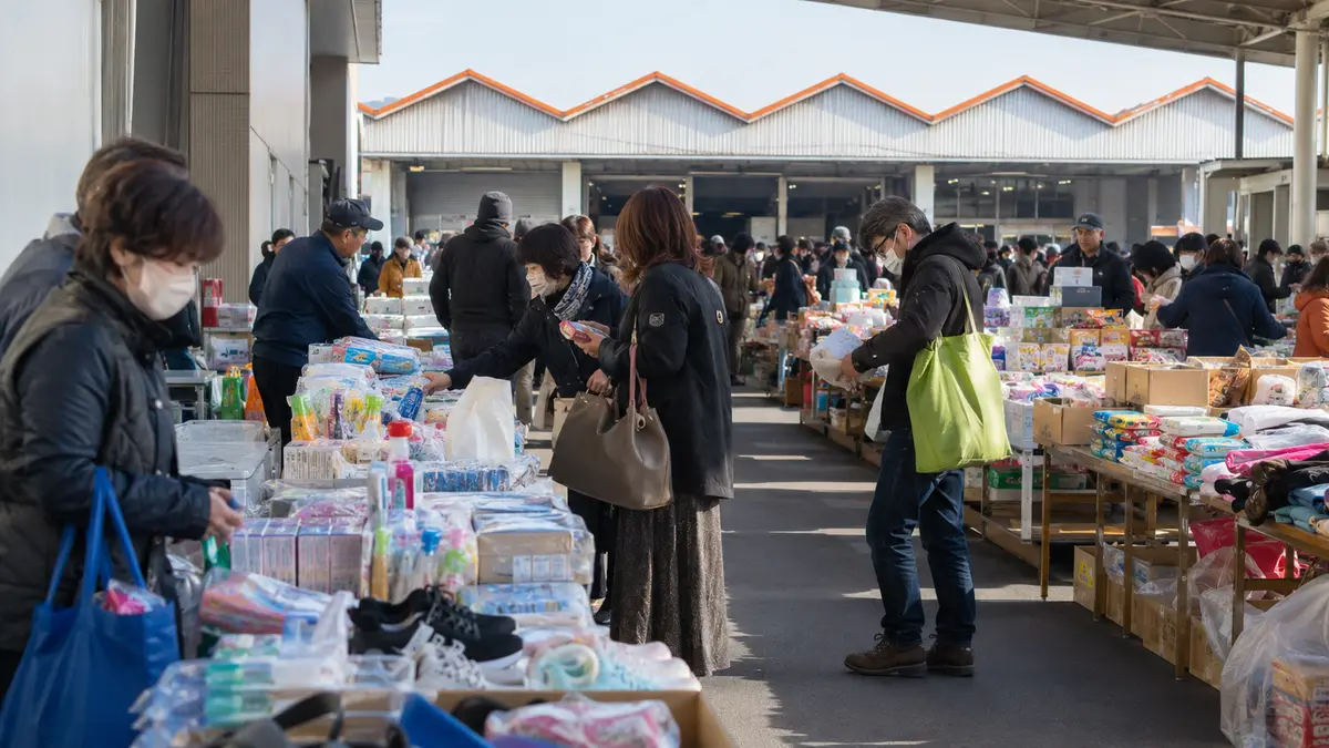 流通センター祭り2026で衣料品や雑貨、食品の掘り出し物を探す来場者