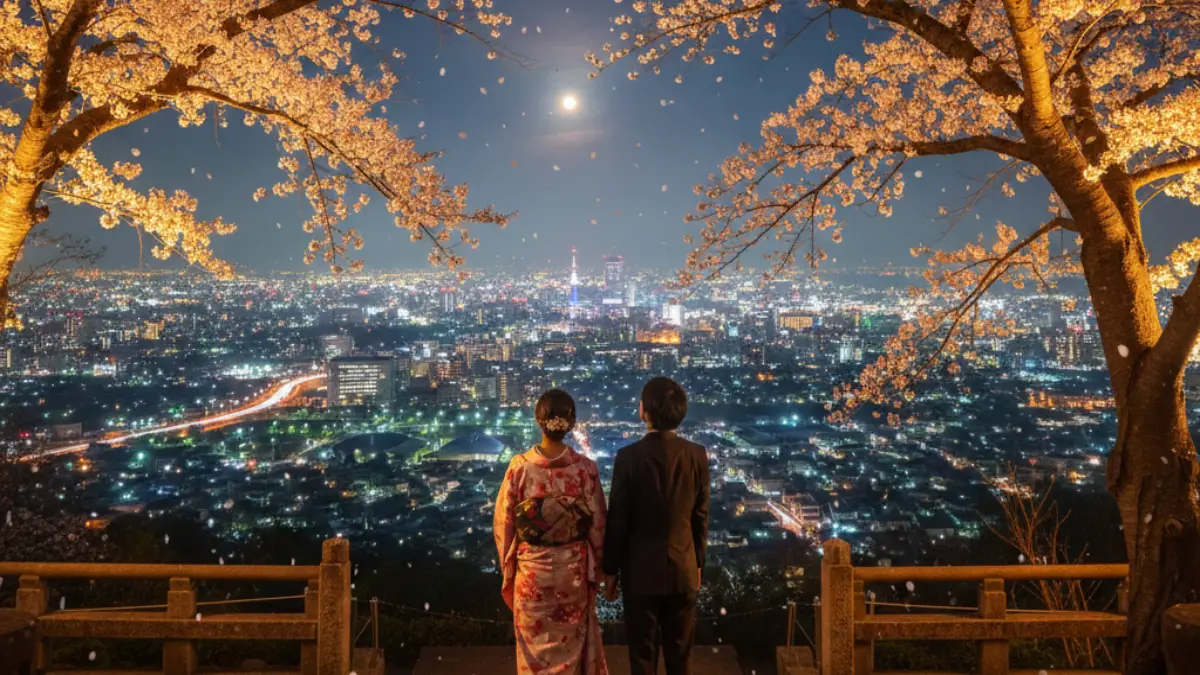 愛宕神社でライトアップされた夜桜と夜景を見上げる日本人カップル