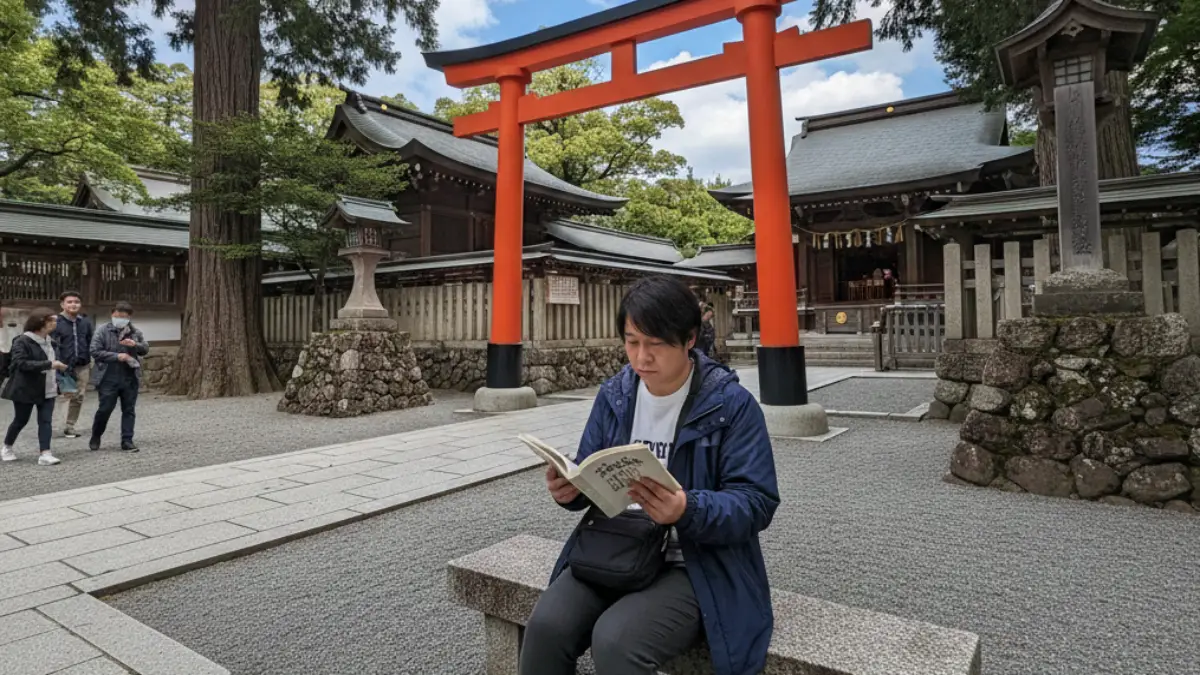 福岡市内の神社で御朱印帳を手に参拝する人物のイメージ