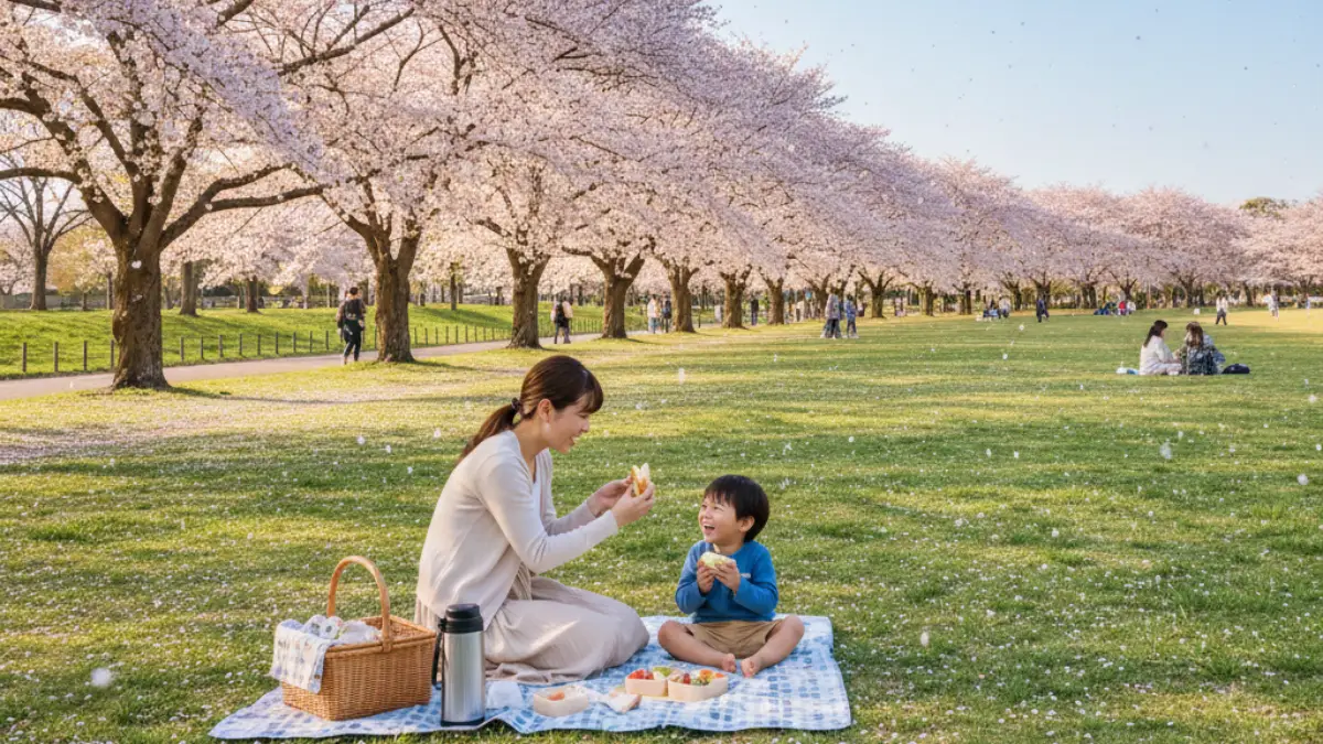 桜並木のある公園でピクニックを楽しむ日本人の親子