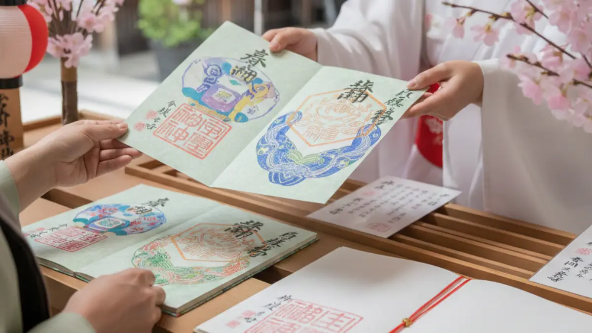 授与所で限定デザインの御朱印を受け取る人物と御朱印帳のイメージ