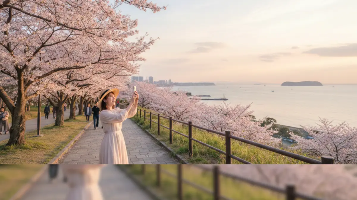 西公園の桜並木を散策しながら写真を撮る日本人女性
