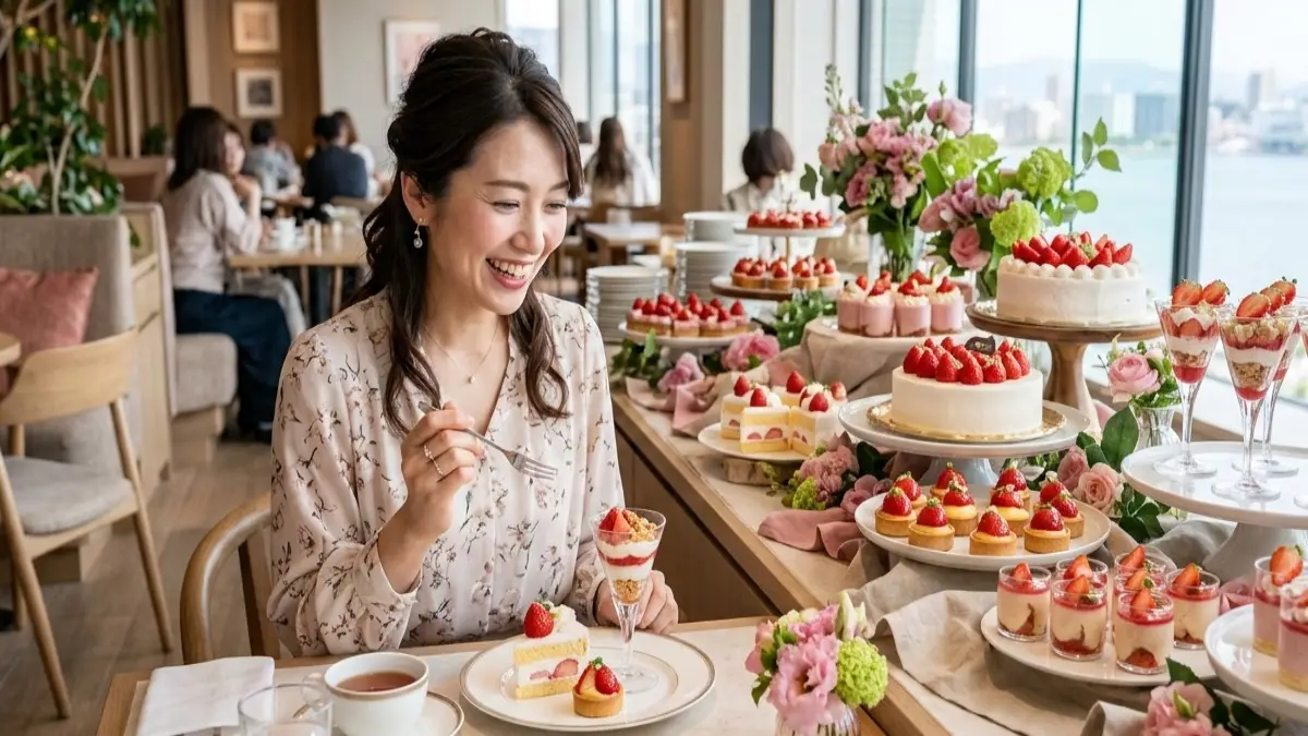 福岡いちごスイーツブッフェ2026のホテルビュッフェでいちごスイーツを楽しむ日本人女性