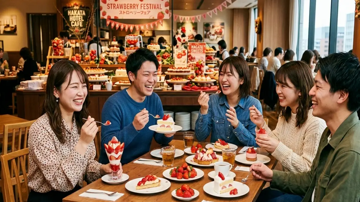 福岡いちごビュッフェでいちごスイーツを楽しむ日本人グループ