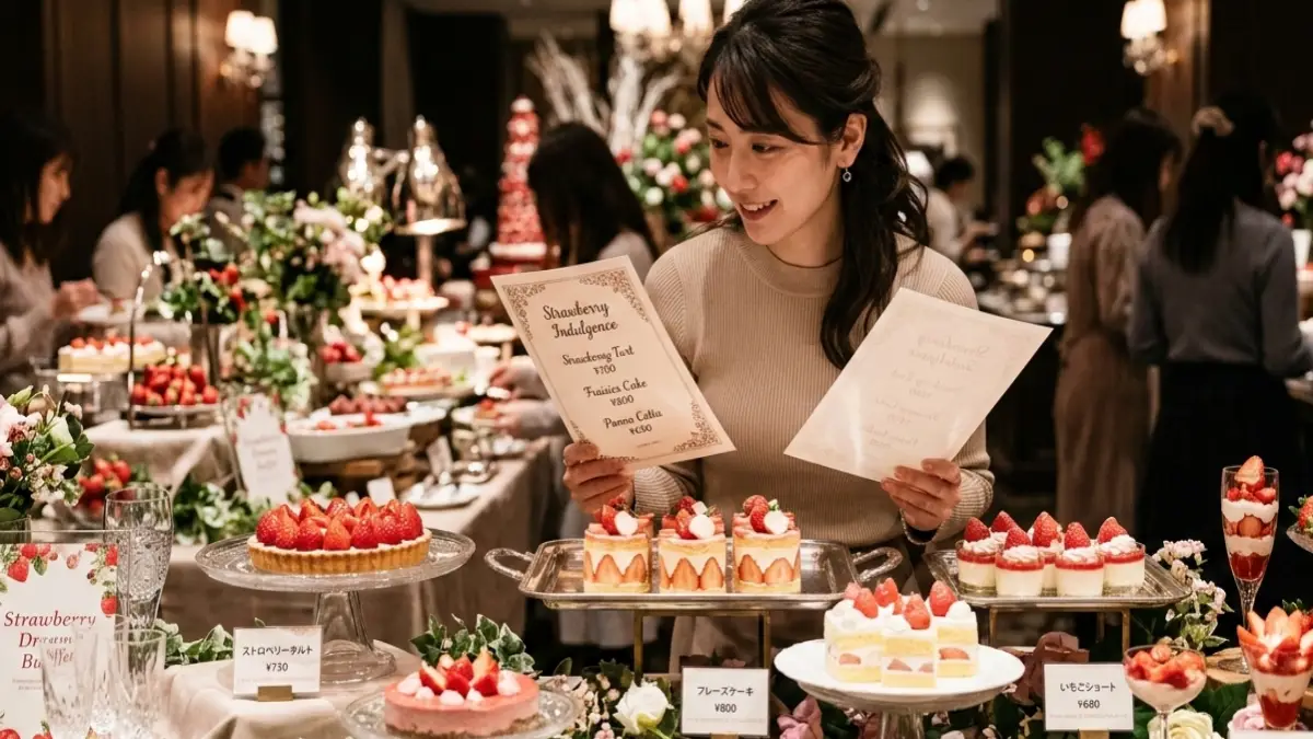 福岡いちごビュッフェでメニューとスイーツを比較する日本人女性