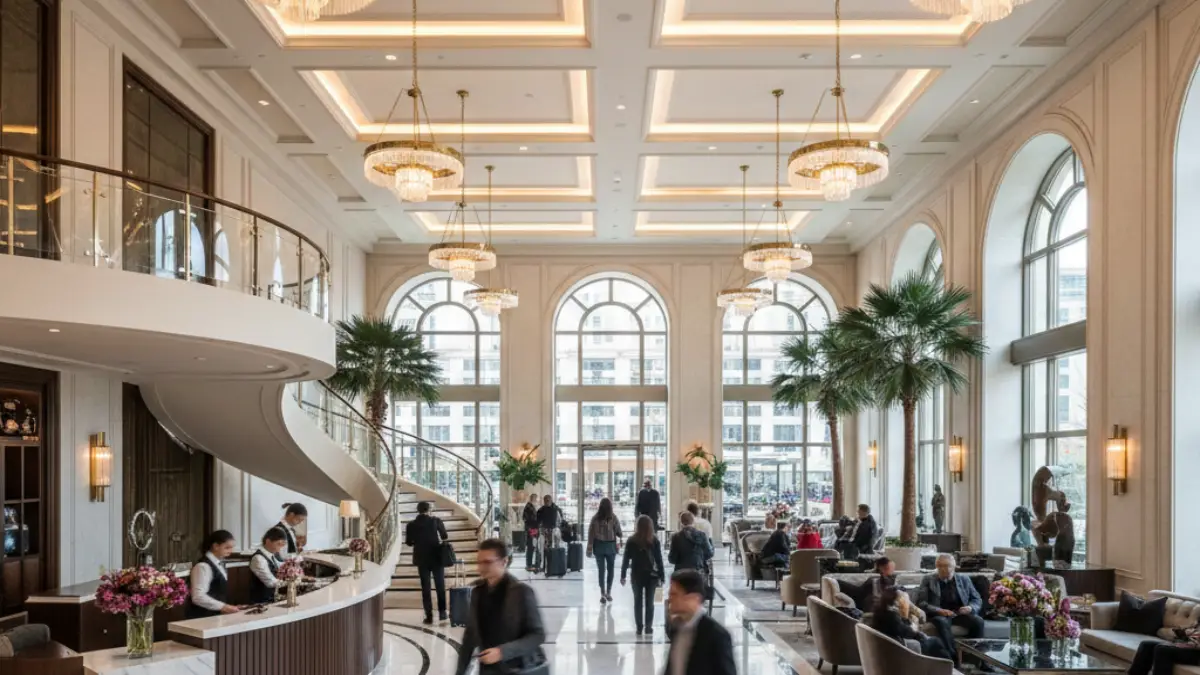 高級ホテルのロビー。人の出入りが多く芸能人の目撃情報が生まれやすい状況のイメージ