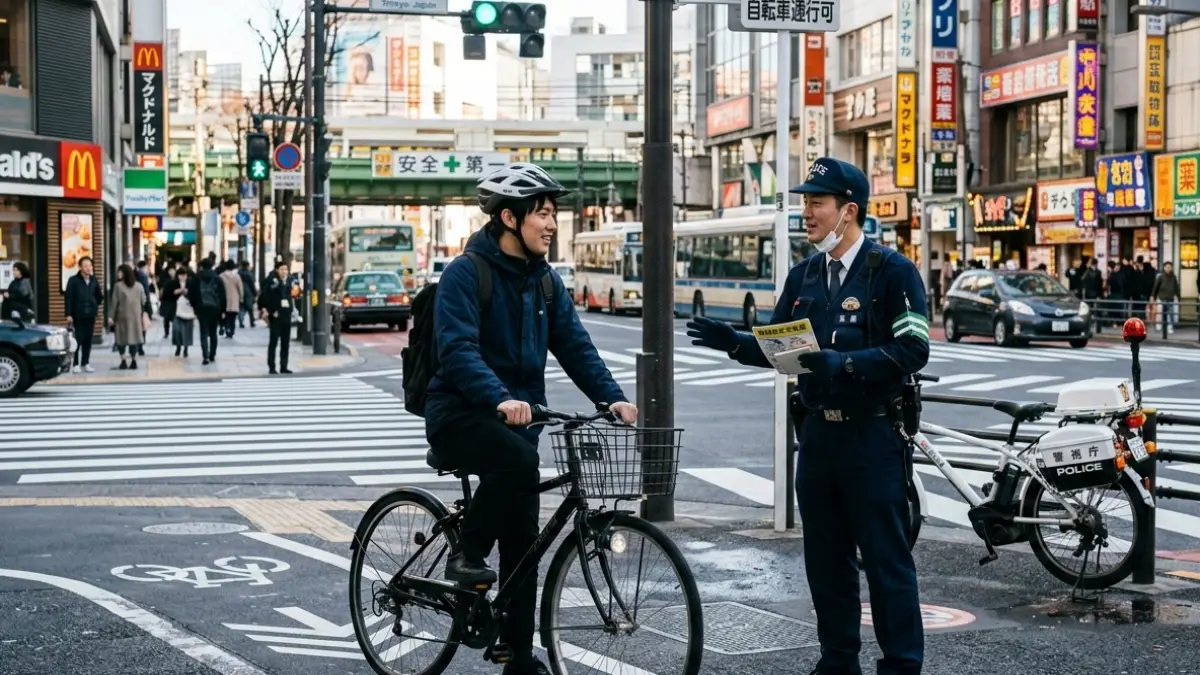 日本の交差点で警察官が自転車利用者に交通指導する様子 福岡の自転車交通ルール2026変更 青切符制度イメージ