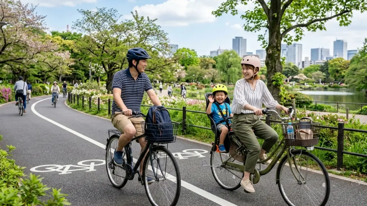 日本人家族が自転車で移動する様子 自転車保険家族型のイメージ