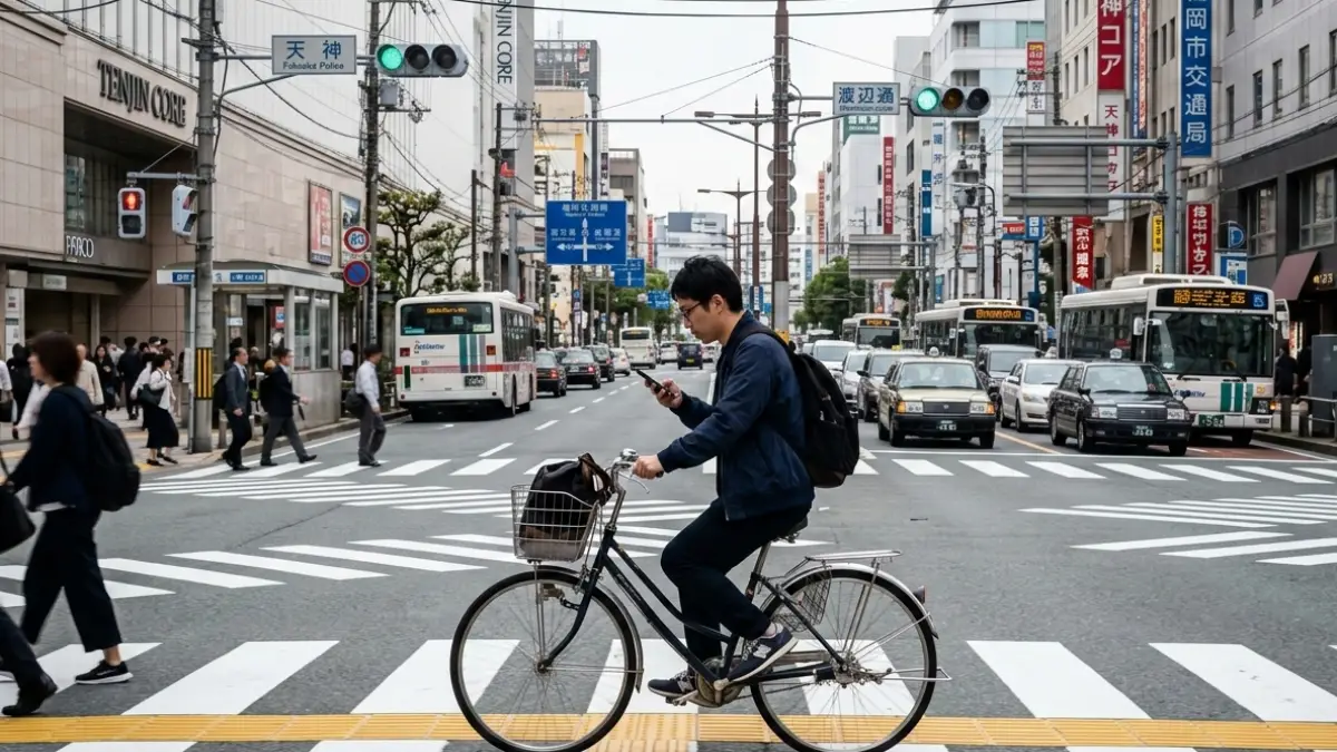 スマートフォンを見ながら自転車に乗る日本人男性 ながらスマホ違反のイメージ