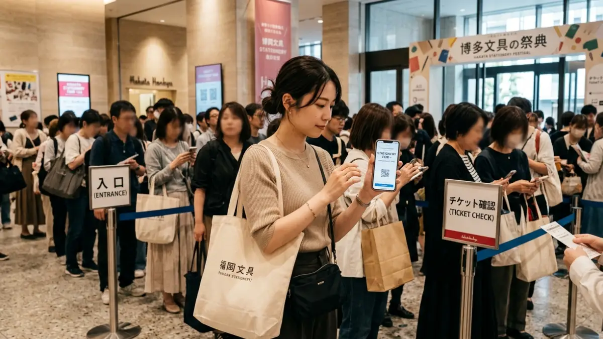 文具女子博pop-up in博多2026のチケット確認と混雑の様子