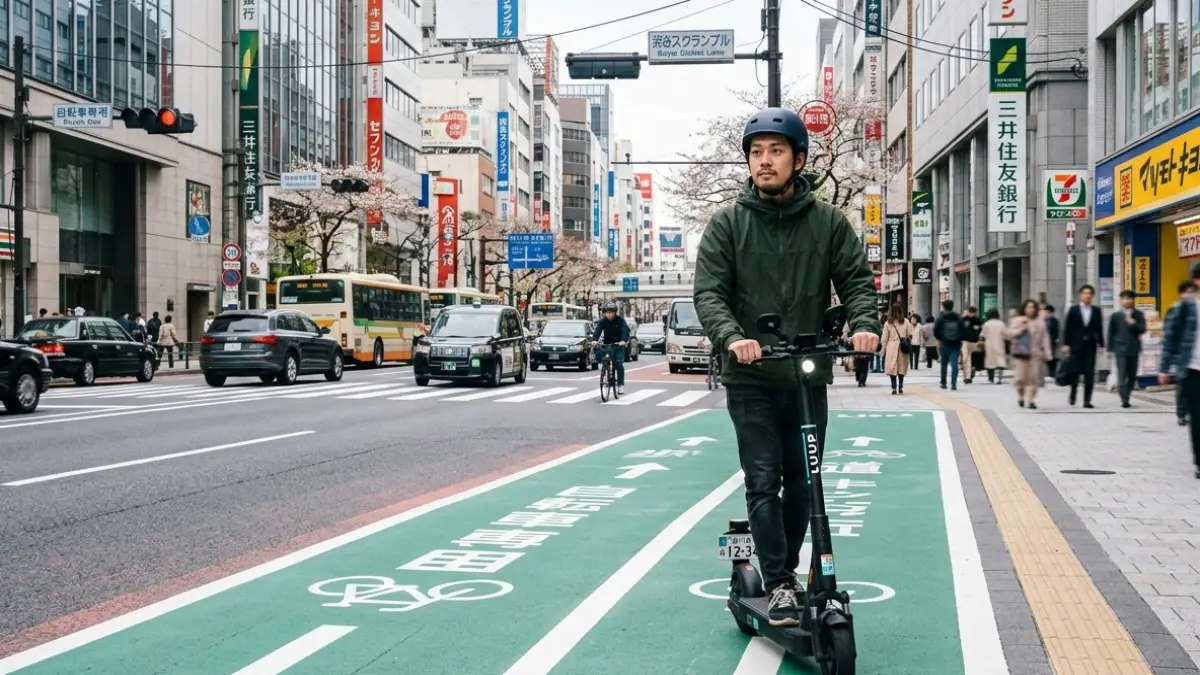 日本の都市で電動キックボードに乗る男性 自転車との交通ルールの違いイメージ