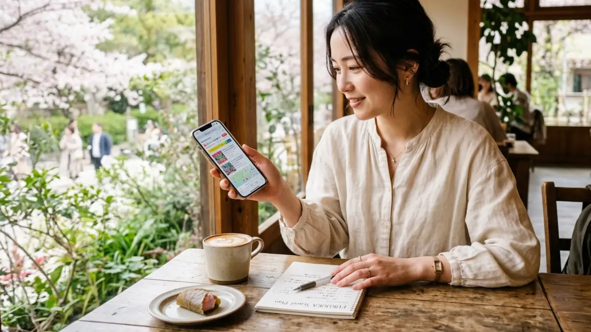 福岡のイベント情報をスマホで検索する日本人女性のイメージ