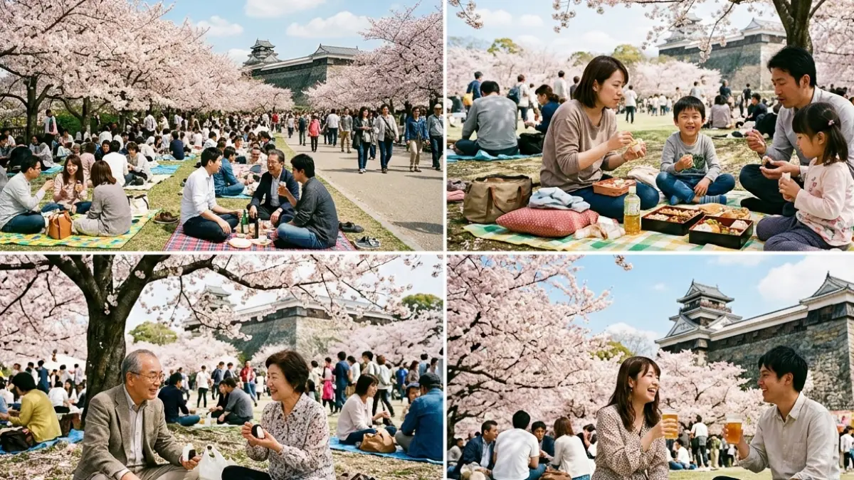 福岡市の舞鶴公園で桜を楽しむ花見イベントの風景