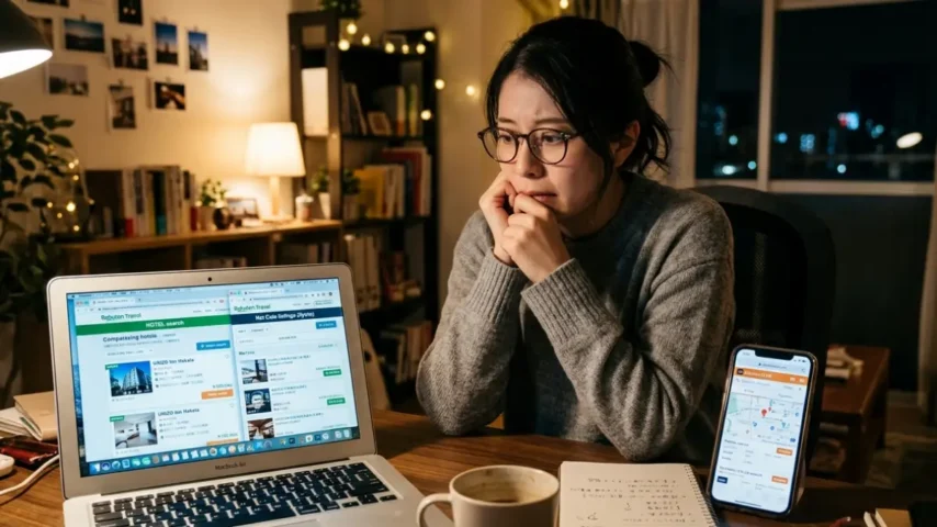 ホテルとネットカフェを比較して悩む様子