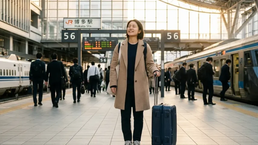 朝の博多駅で安心した遠征者の様子