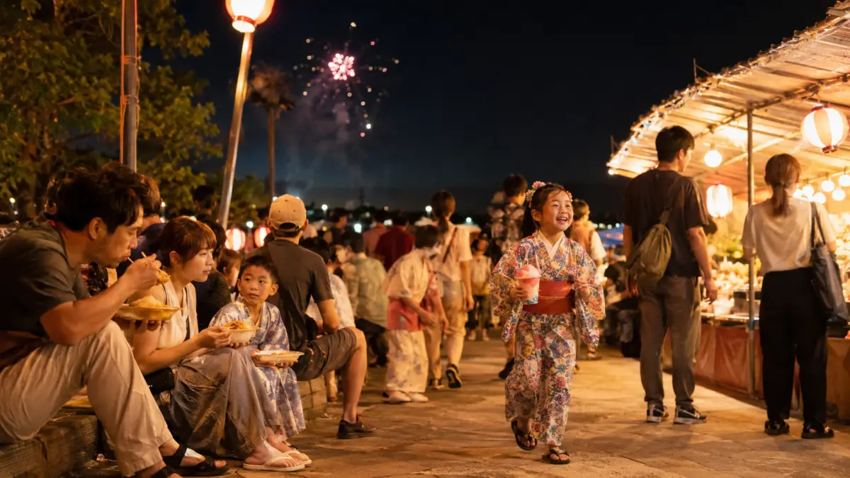 福岡の花火大会2026で子連れや屋台を楽しむ家族のイメージ