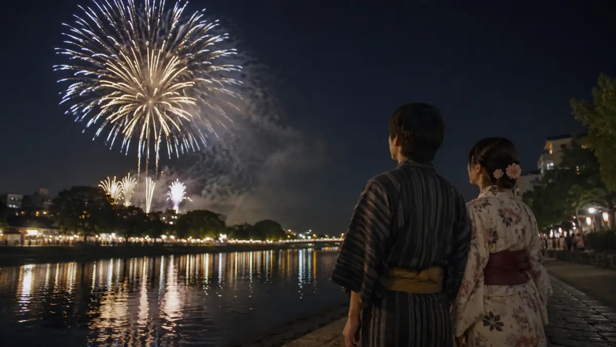 福岡の花火大会2026で水辺の花火を楽しむ日本人カップル